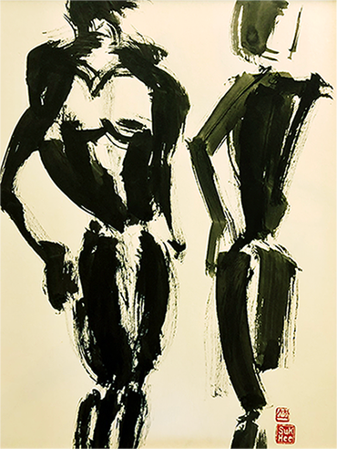 Thick 
		black brush stroke of a muscular man standing side by side with a slender woman
